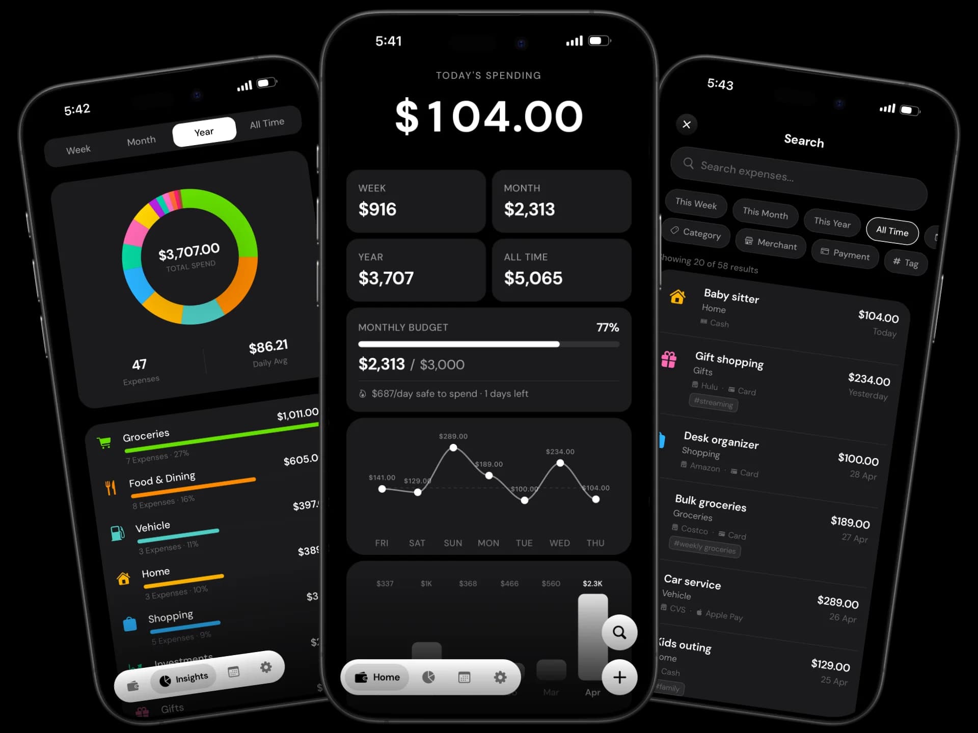 Expenly expense tracker app showing home screen with spending charts, budget progress, and monthly insights on iPhone