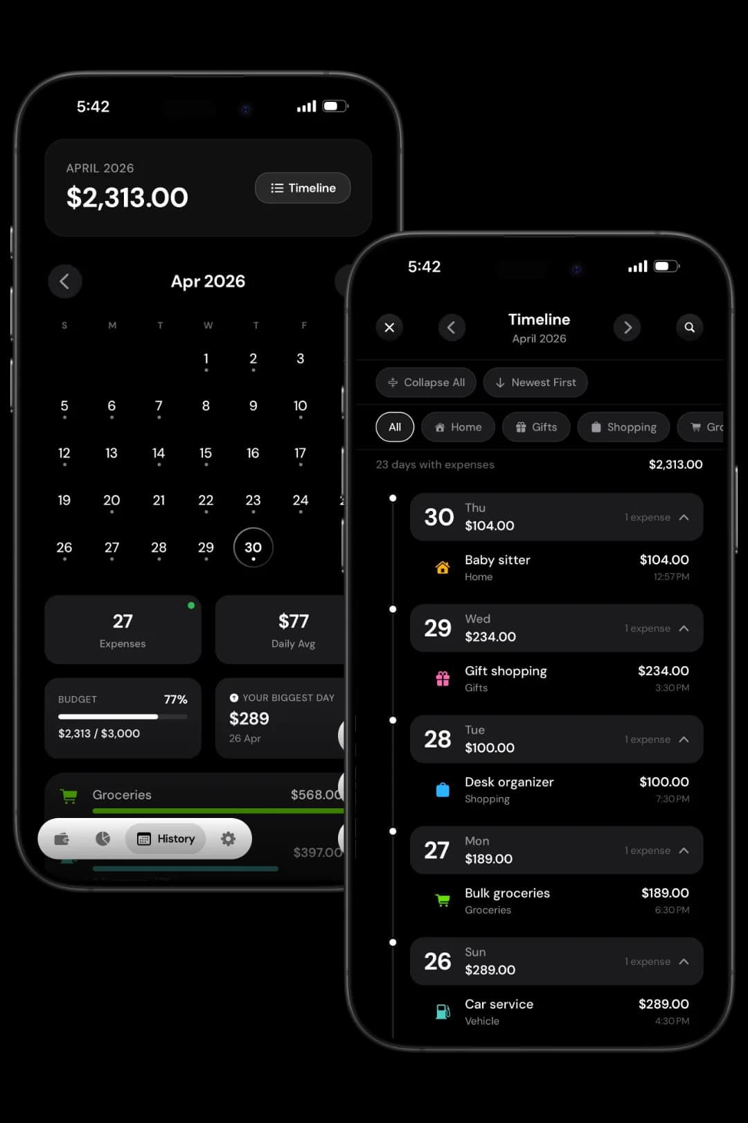 Expenly history screen showing calendar view of expenses with timeline mode on iPhone